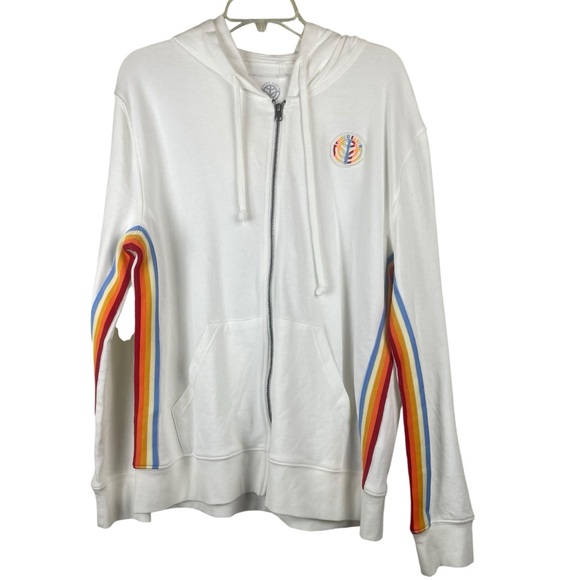 reNeu Earth Full Zip White Hoodie w/ Rainbow Under Arm & Down Side Size Large - Picture 1 of 11